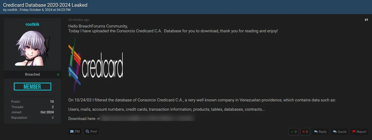 A Threat Actor Allegedly Leaked Data of Consorcio Credicard