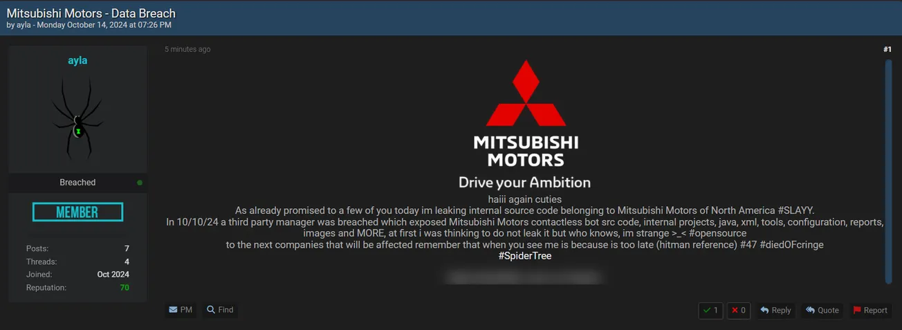 ayla has Allegedly Leaked the Data of Mitsubishi Motors North America, Inc.