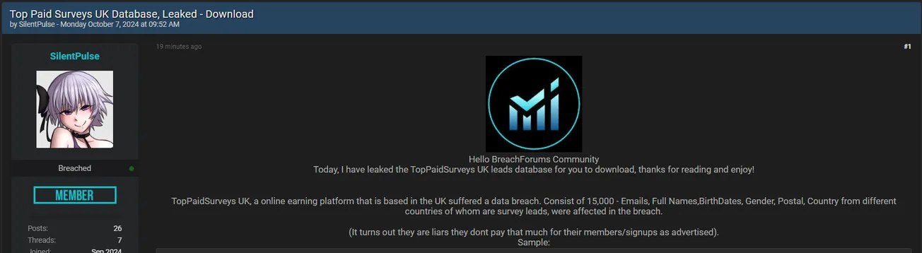 A Threat Actor Allegedly Leaked Top Paid Surveys Database