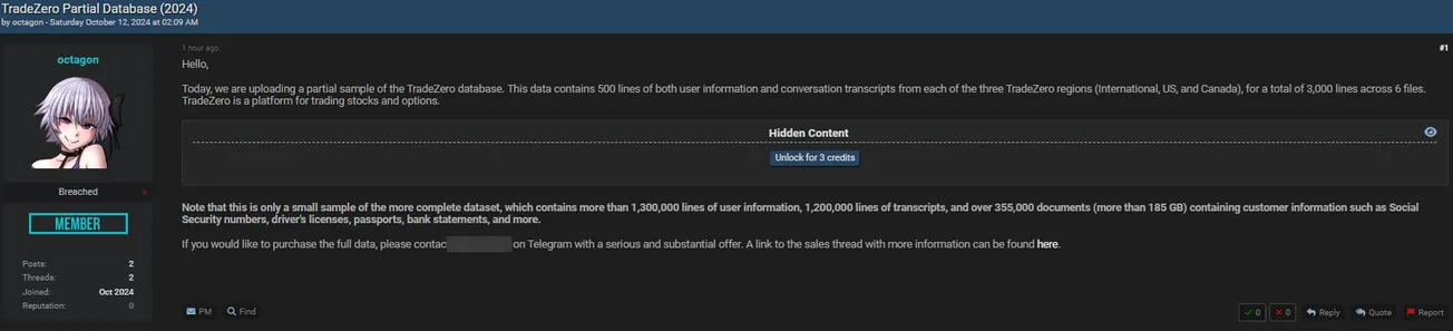A Threat Actor Allegedly Leaked Data of TradeZero