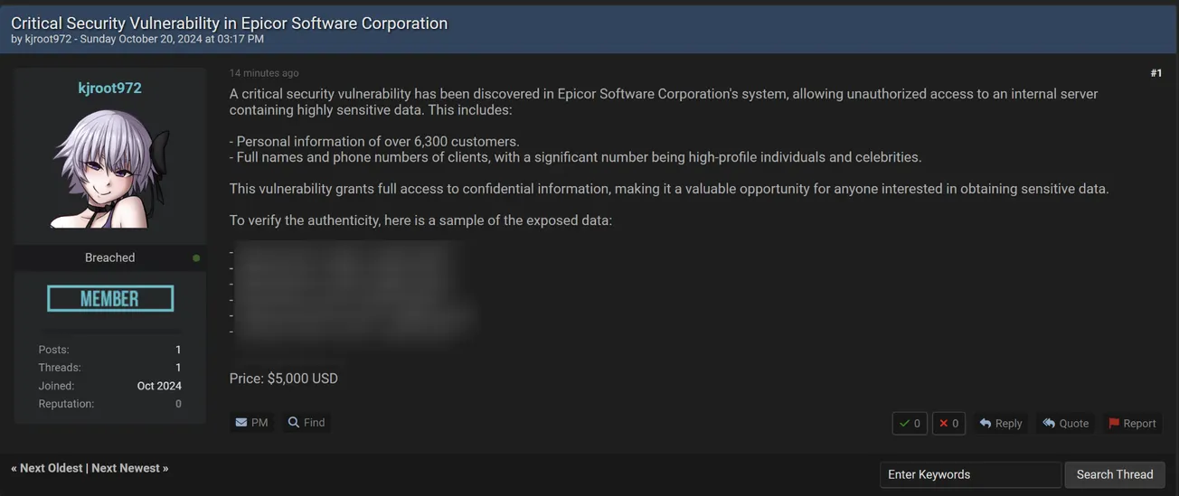 A Threat Actor is Allegedly Selling a Vulnerability of Epicor Server System