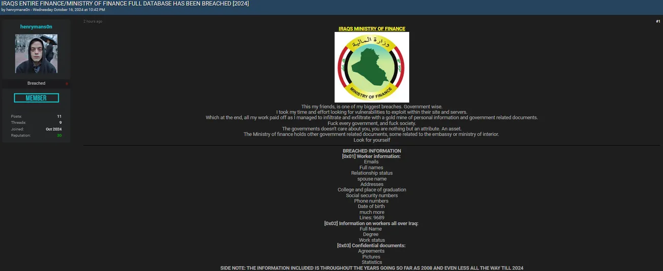 A Threat Actor Allegedly Leaked Data of Ministry of Finance of Republic of Iraq