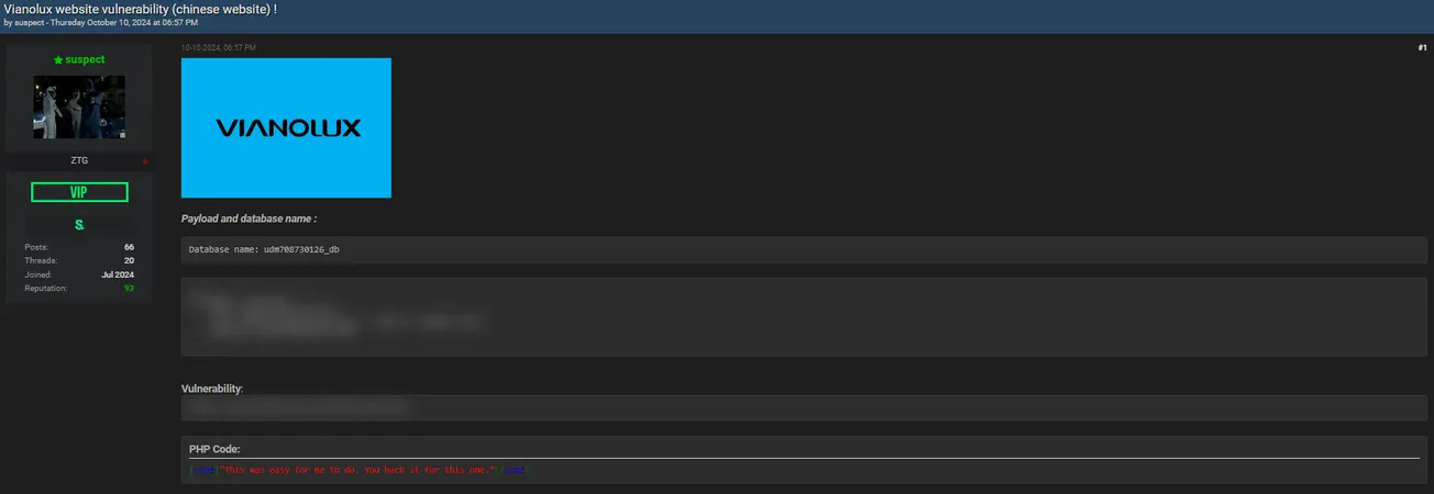 A Threat Actor Allegedly Leaked a Vulnerability in the Website VIANOLUX