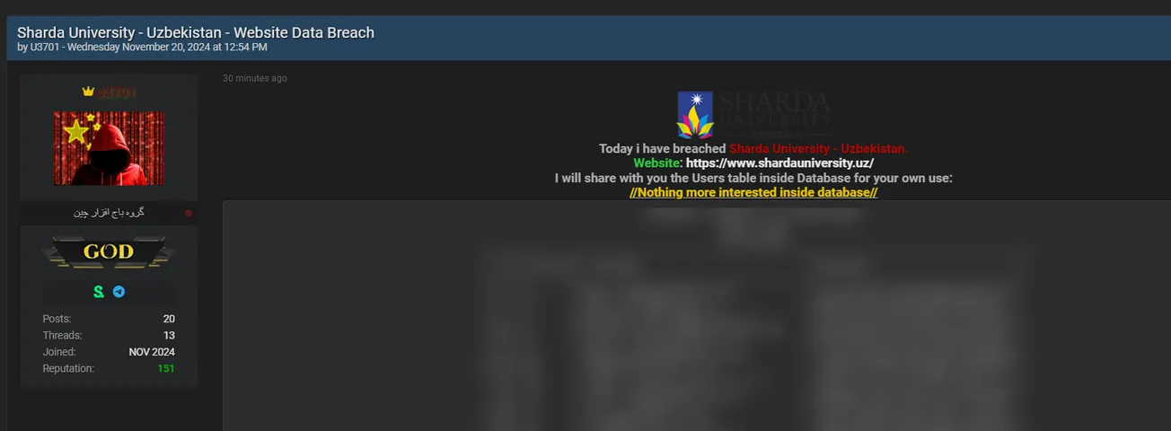 A Threat Actor Claims to have Leaked the Data of Sharda University Uzbekistan