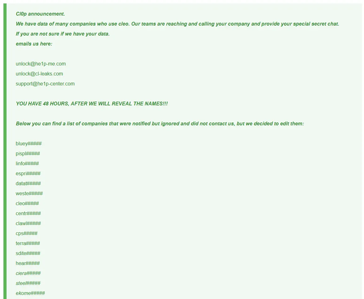Cl0p Ransomware Posted the Following Message for it's Victims Affected by the Cleo Exploit