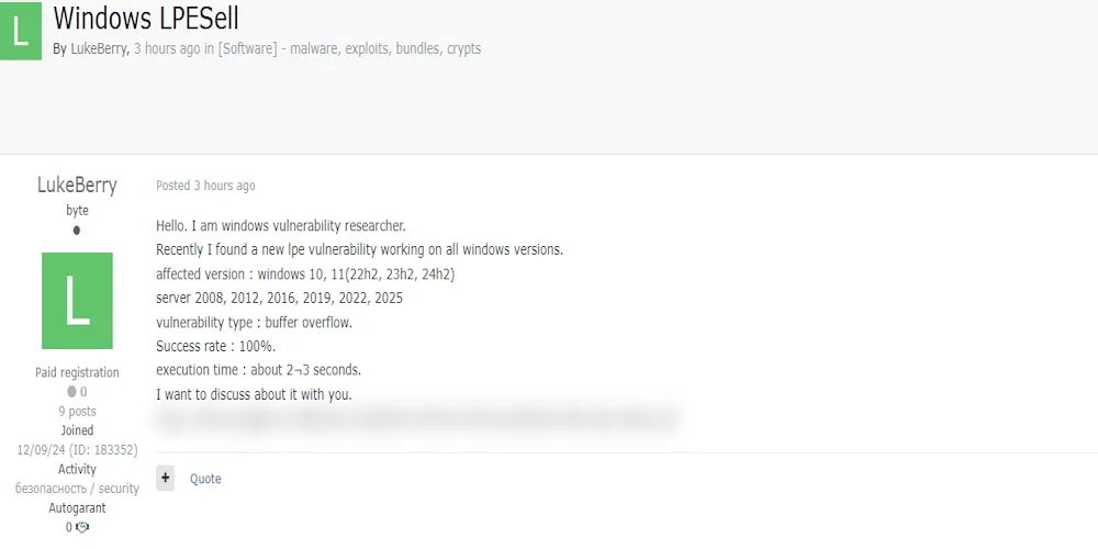 A Threat Actor is Claiming to Sell a LPE Vulnerability in Multiple Windows Systems