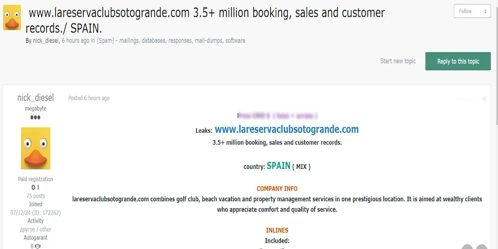 A Threat Actor Claims to Leak Data of La Reserva Club’s Sotogrande