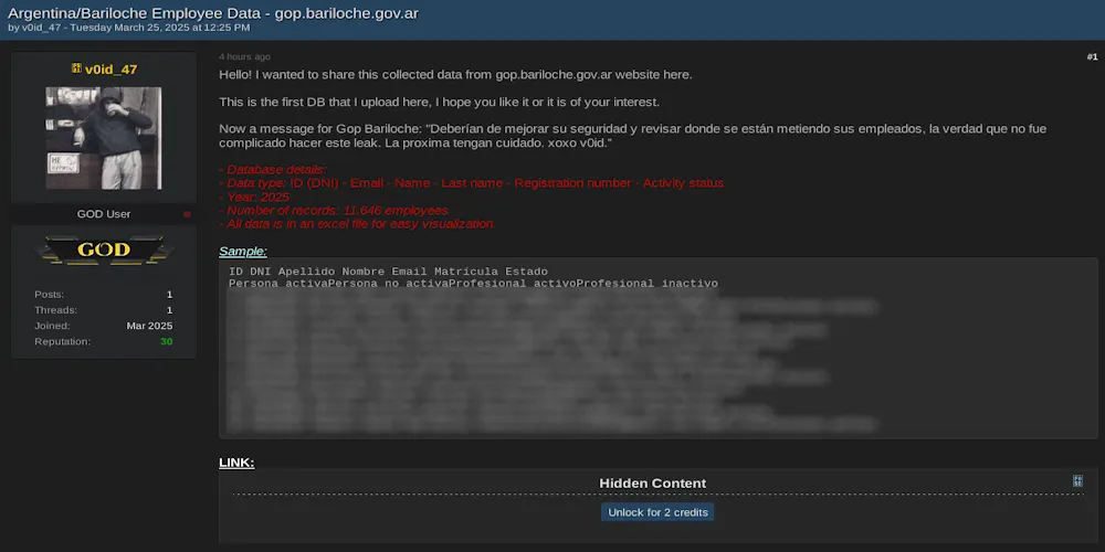 Alleged Data Leak of Municipality of San Carlos de Bariloche, Argentina