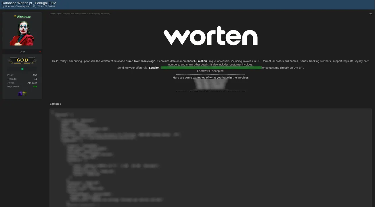 Alleged Data Breach of Worten.pt Exposes 9.6 Million Customer Records