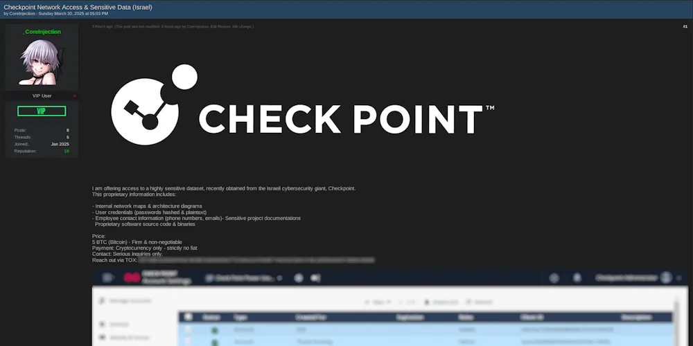 Alleged Sale of Check Point Software Technologies Network Access & Sensitive Data