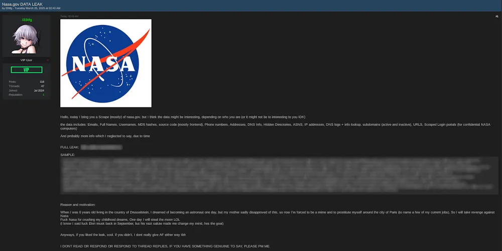 Alleged Scraped Data Leak of NASA.gov