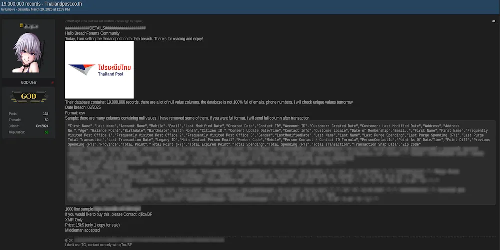 Alleged Data Breach of Thailand Post Customer Database (19 Million Records)