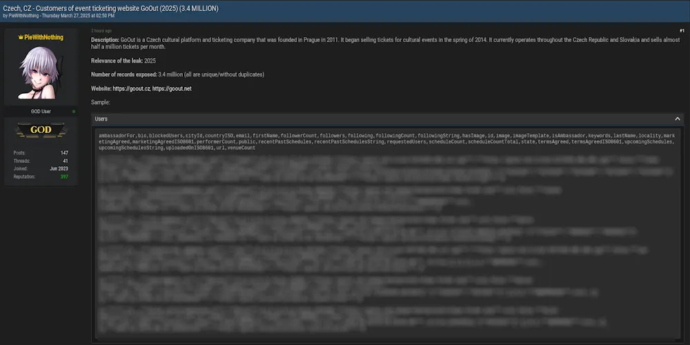 Alleged Data Breach and Sale of GoOut[.]cz Event Ticketing Database (2025, 3.4M Users)