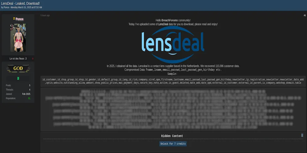 Alleged Data Breach of LensDeal Customer Database