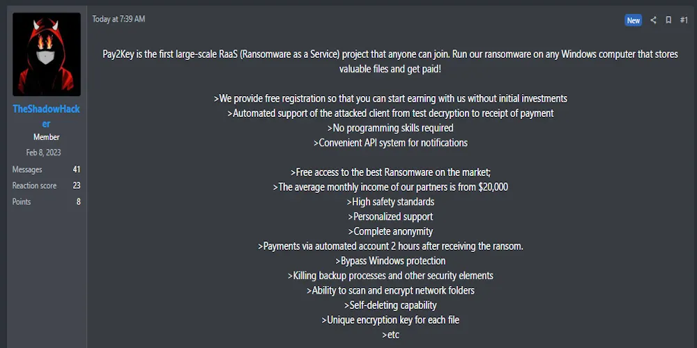 Alleged Promotion of Pay2Key Ransomware-as-a-Service (RaaS)