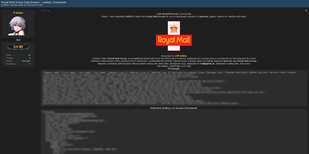 Alleged Data Breach of Royal Mail Group