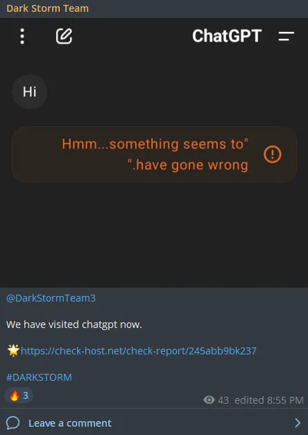 Dark Storm Team Targeted the Website of ChatGPT