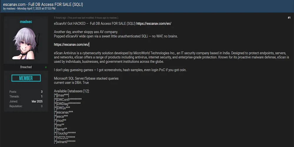 Alleged Database Sale of eScanAV
