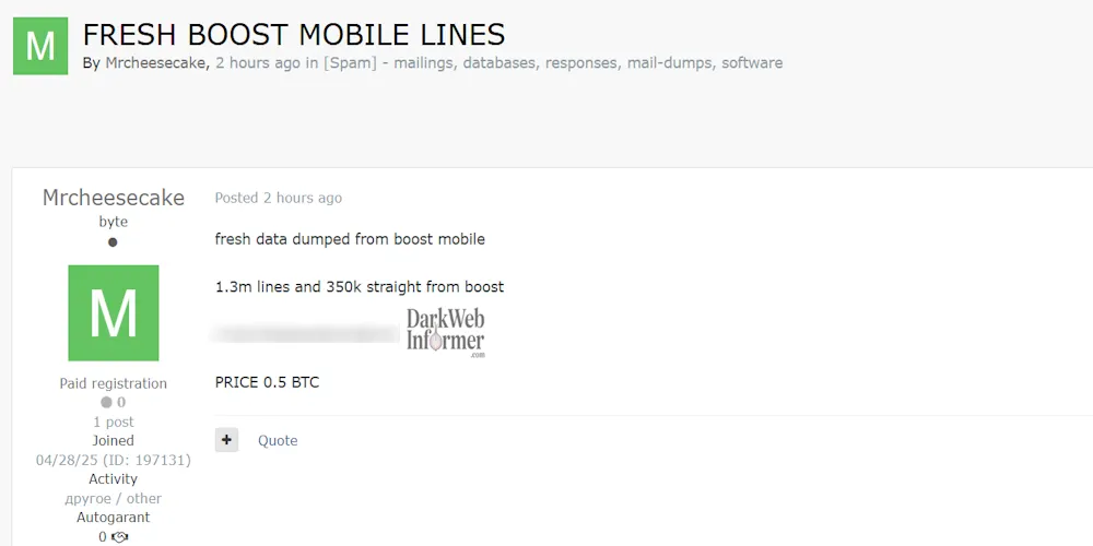 Alleged Data For Sale of Fresh Boost Mobile Lines