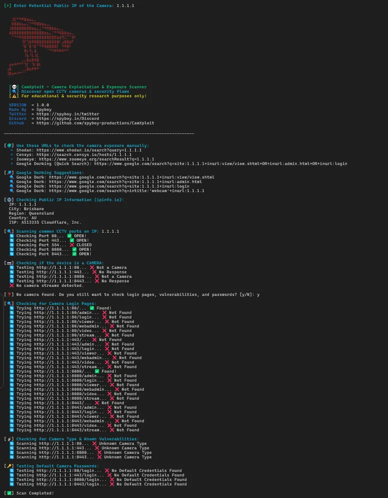 CamXploit: Discover and Analyze Exposed IP Cameras with Open Ports, Vulnerabilities, and Weak Credentials
