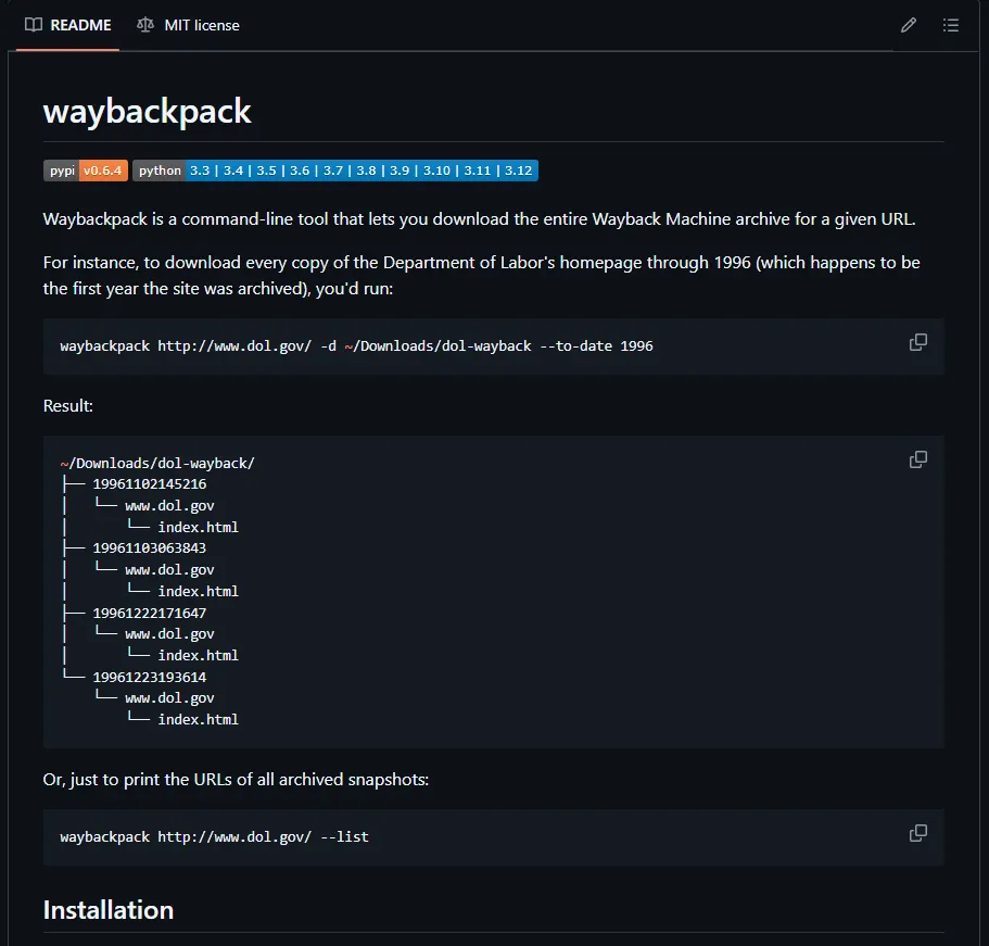 waybackpack: Download the Entire Wayback Machine Archive for a Given URL