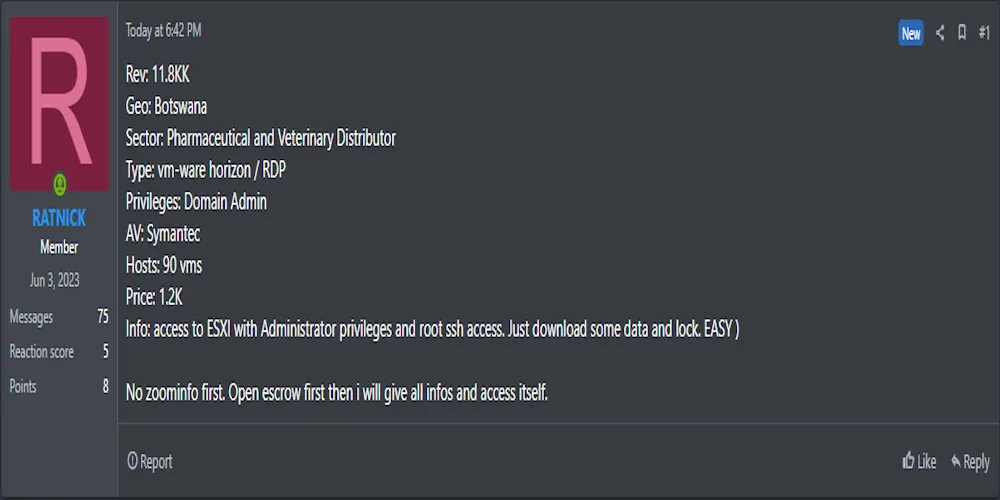 Alleged Sale of RDP Access to an Unidentified Pharmaceuticals Company in Botswana