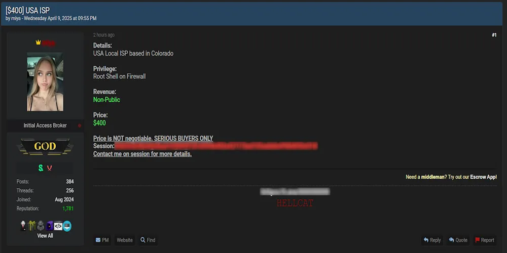 Alleged Sale of Access to an Unidentified Local ISP Based in Colorado, USA