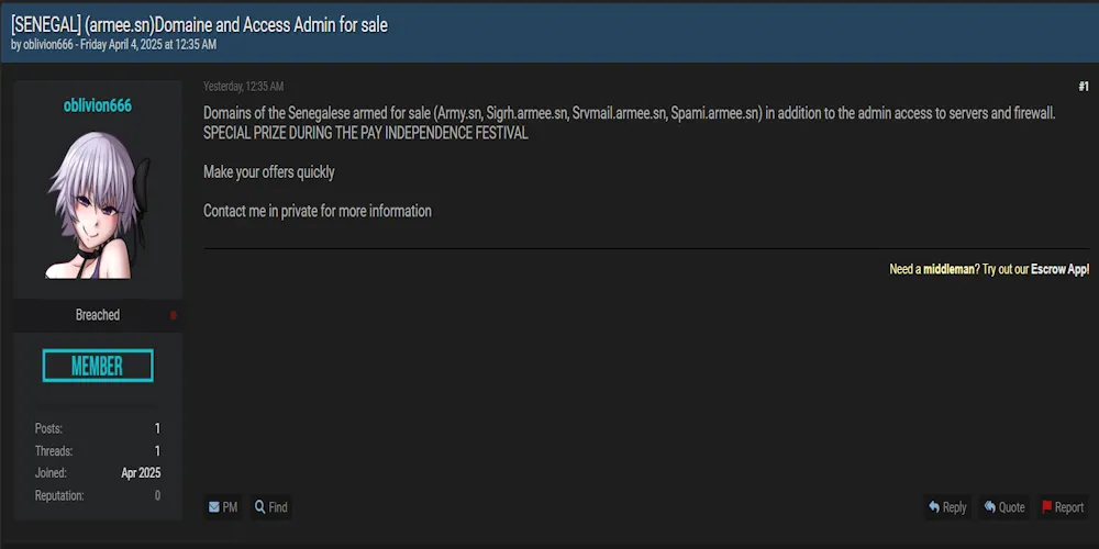 Alleged Sale of Administrative Access to Senegalese Armed Forces Domains, Including Servers and Firewalls