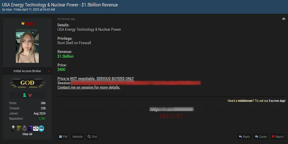 Alleged Root Shell on Firewall access sale of U.S. Department of Energy