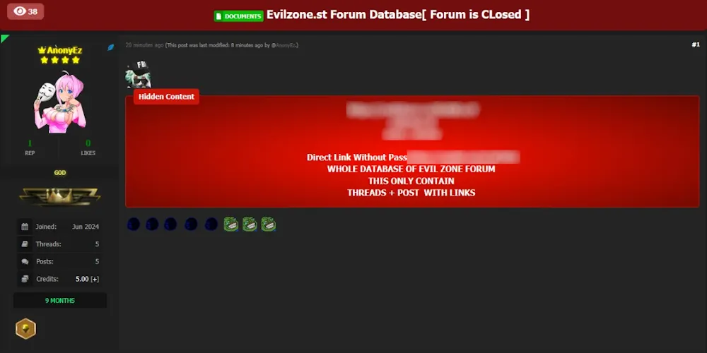 Alleged Leak of Data of Evilzone[.]st