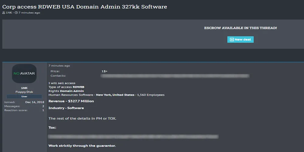 Alleged RDWEB Domain Admin Access for U.S. Software Company with $327M Revenue