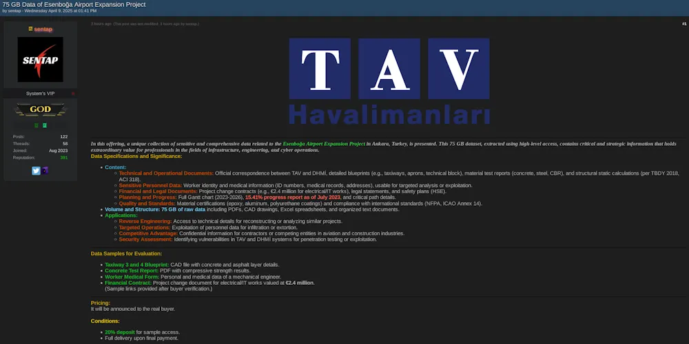 75 GB of Sensitive Airport Infrastructure Data Allegedly Leaked from TAV Havalimanları