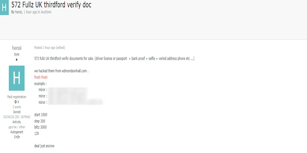 Alleged Sale of 572 UK Fullz