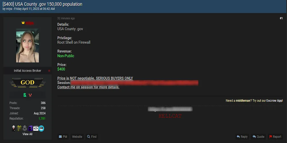 Alleged access sale of unidentified USA County Government Network