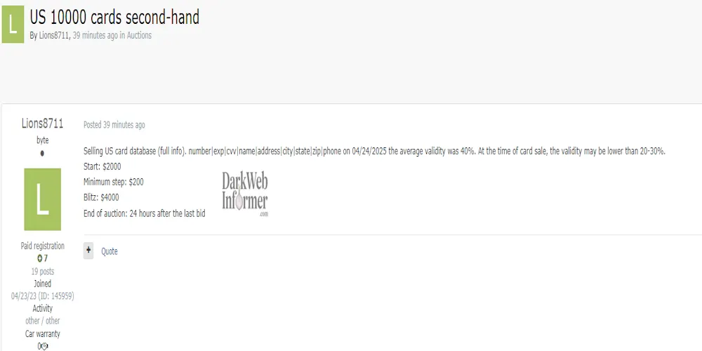 Alleged Sale of 10,000 US Credit Cards