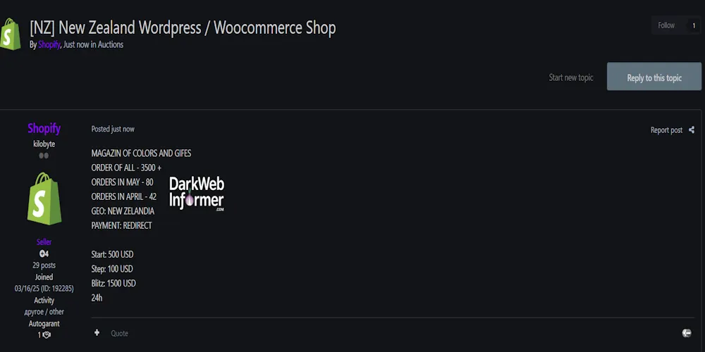 Alleged sale of unauthorized access to an unidentified E-Commerce store in New Zealand