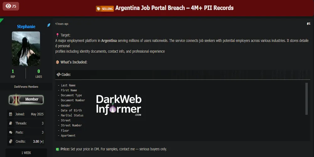 Alleged Data Breach of an Unidentified Job Portal in Argentina