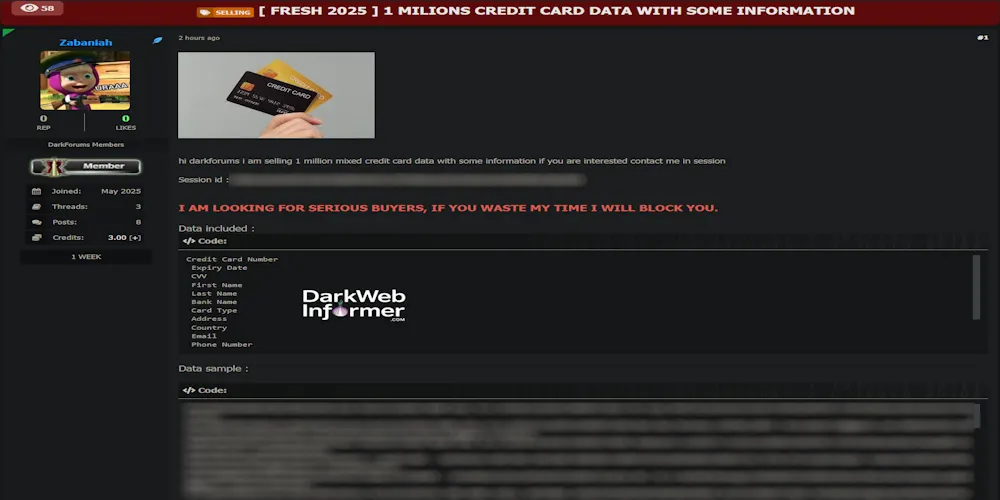 Alleged sale of 1 Million Credit Card Data