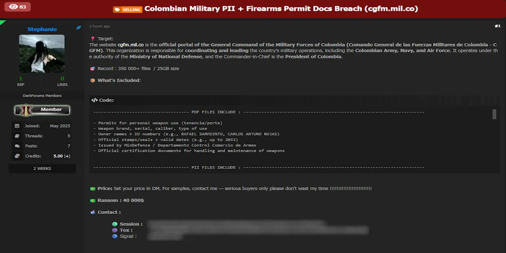 Alleged data breach of Comando General de las Fuerzas Militares (cgfm.mil.co)