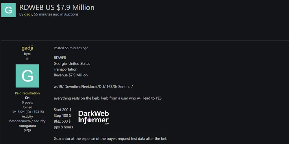 Alleged Sale of RDWeb Access to a Unidentified USA Company