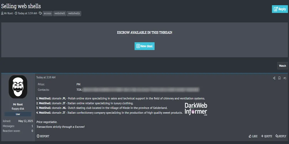 Alleged Sale of Unauthorized Web Shell Access to Multiple Unidentified Websites