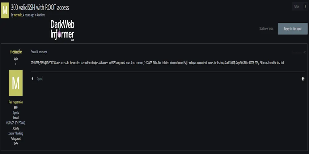 Alleged Sale of 300 Validated SSH Credentials with Root Access