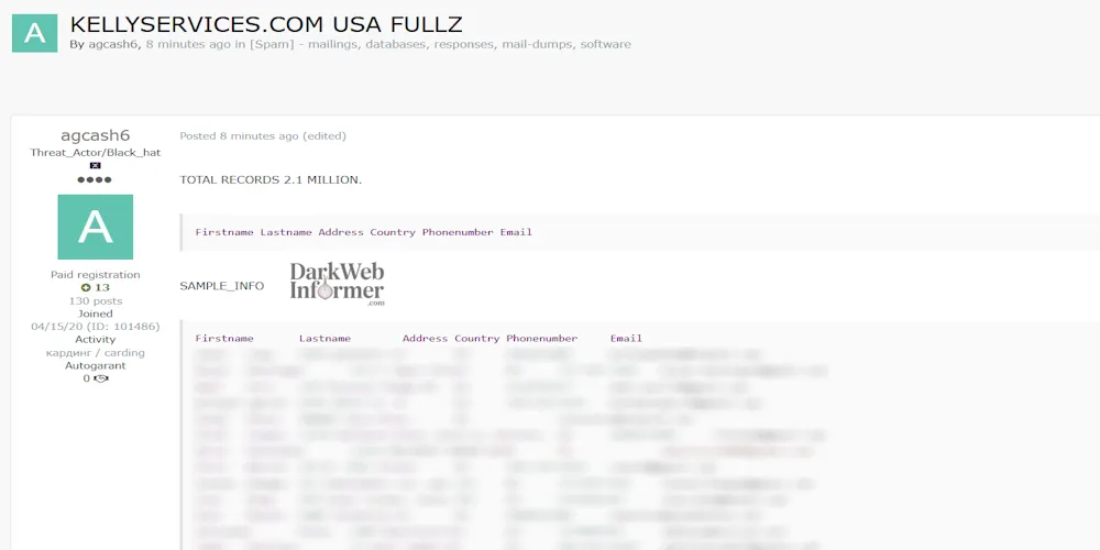 Alleged Leak of Data of Kelly Services Inc