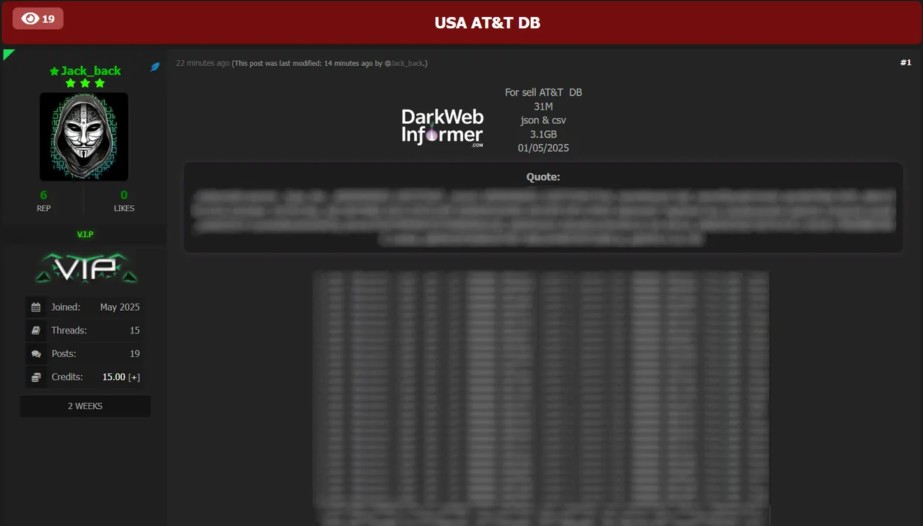 Alleged Data for Sale of AT&T