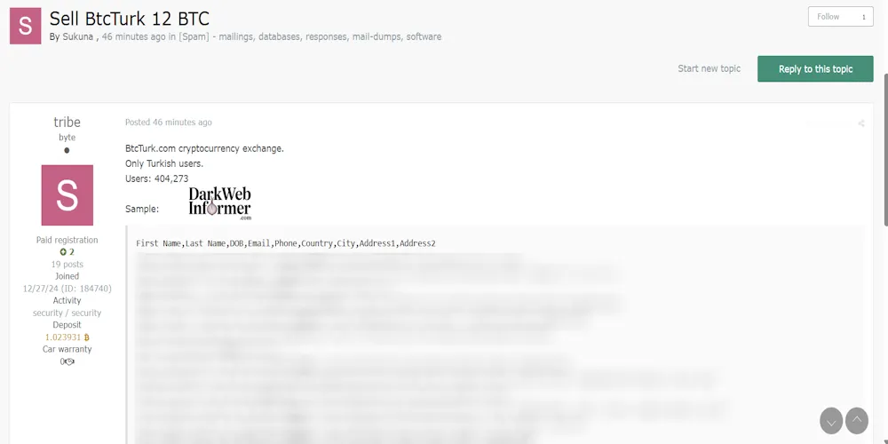 Alleged Data for Sale of BtcTurk