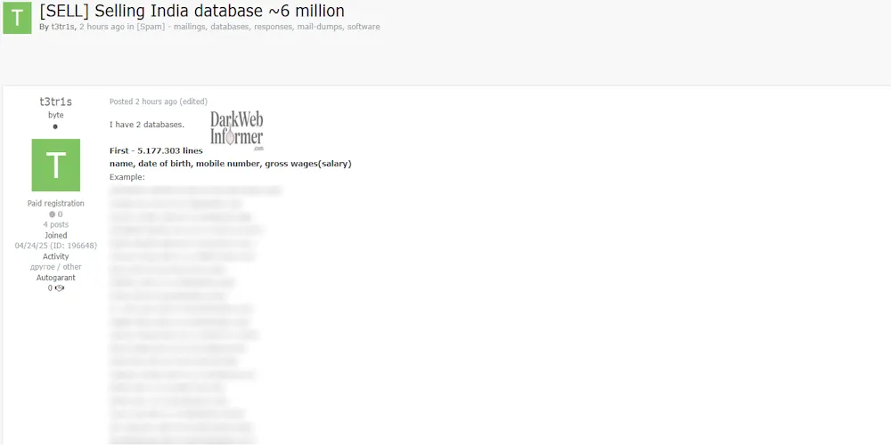 Alleged Sale of 6 Million Indian Personal Information