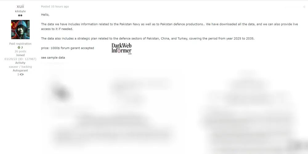 Alleged Sale of Confidential Pakistan Defense Production Data, Including Strategic Plans with China and Turkey
