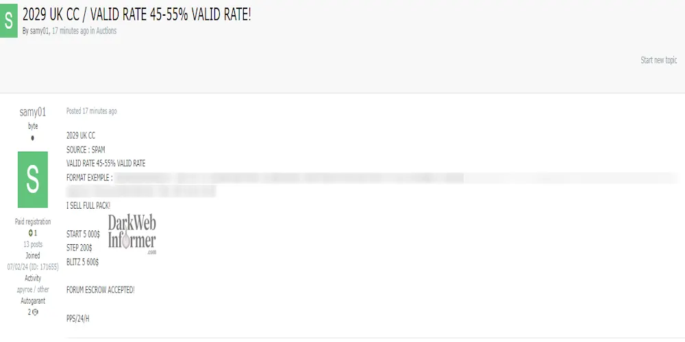 Alleged Sale of Credit Card Data from the UK