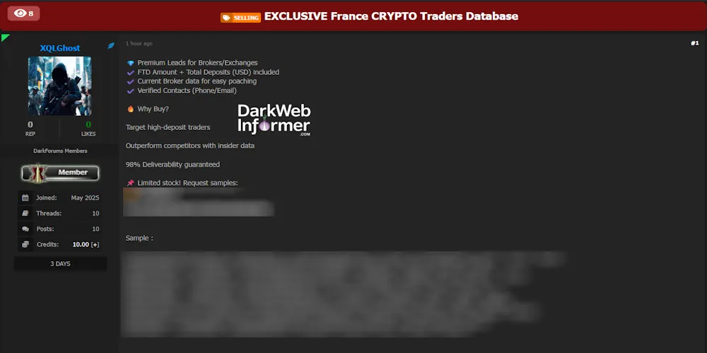 Alleged Sale of Crypto Traders Data from France
